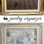 This DIY framed jewelry and earring organizer from Marty's Musings is created inexpensively from a yardsale frame and chicken wire. Perfect for hanging necklaces or earrings.