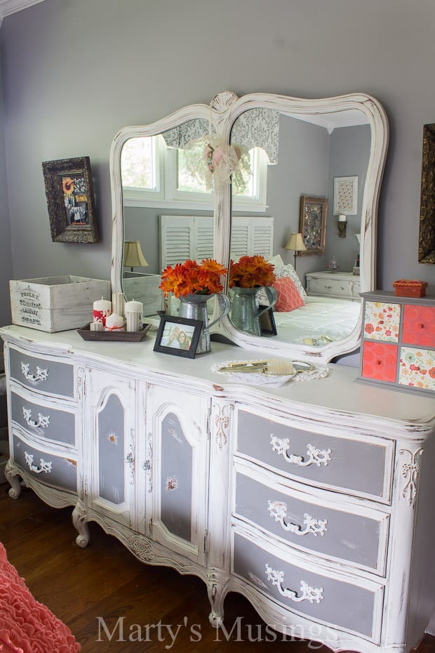 By using both chalk paint and Behr paint this bedroom furniture went from outdated to shabby chic gorgeous! Great bedroom ideas for budget makeovers.