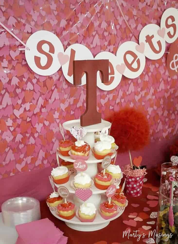 Large red initial topper for cupcake stand and Valentine's Day table