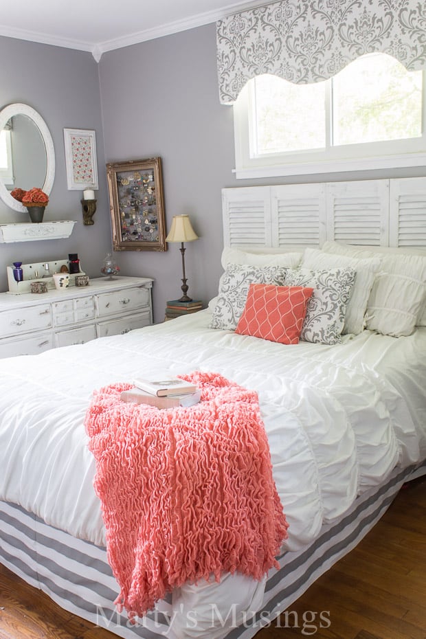 gray and coral bedroom accent wall colors