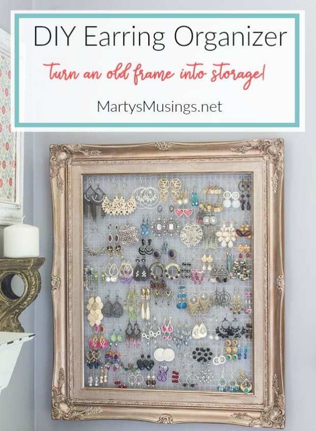 DIY earring organizer in vintage frame with chicken wire