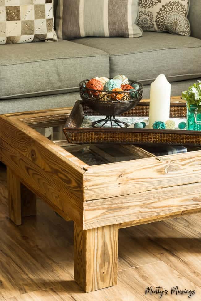 rustic window table with tray decor on top