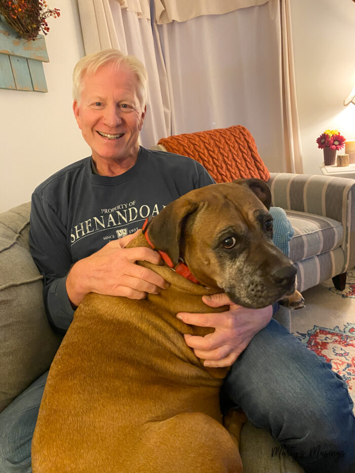 Man and large dog on blue couch