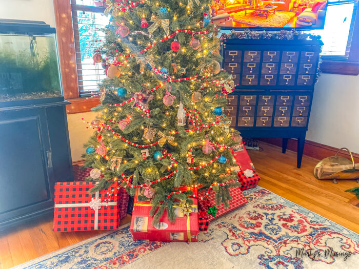 Christmas tree with red buffalo check and traditional decorations