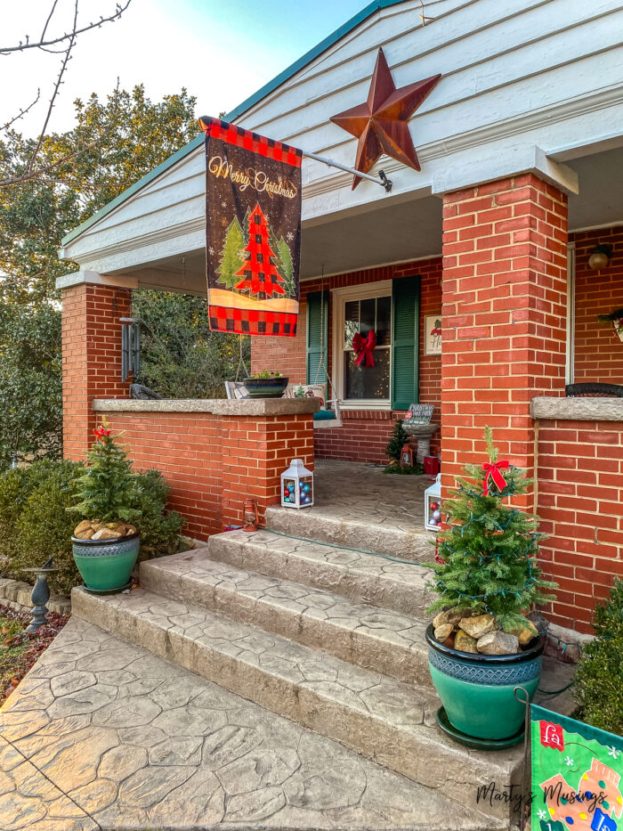 Craftsman style front porch and entrance decorated for Christmas